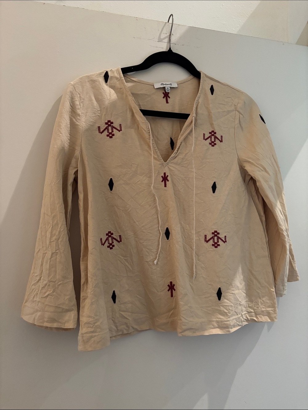 Madewell Cream Tunic with Red and Black Embroidery Southwestern